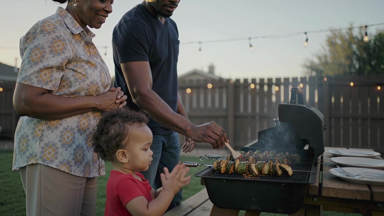 Plates signaling mealtime, man brushing skewers on backyard grill at dusk with red brush