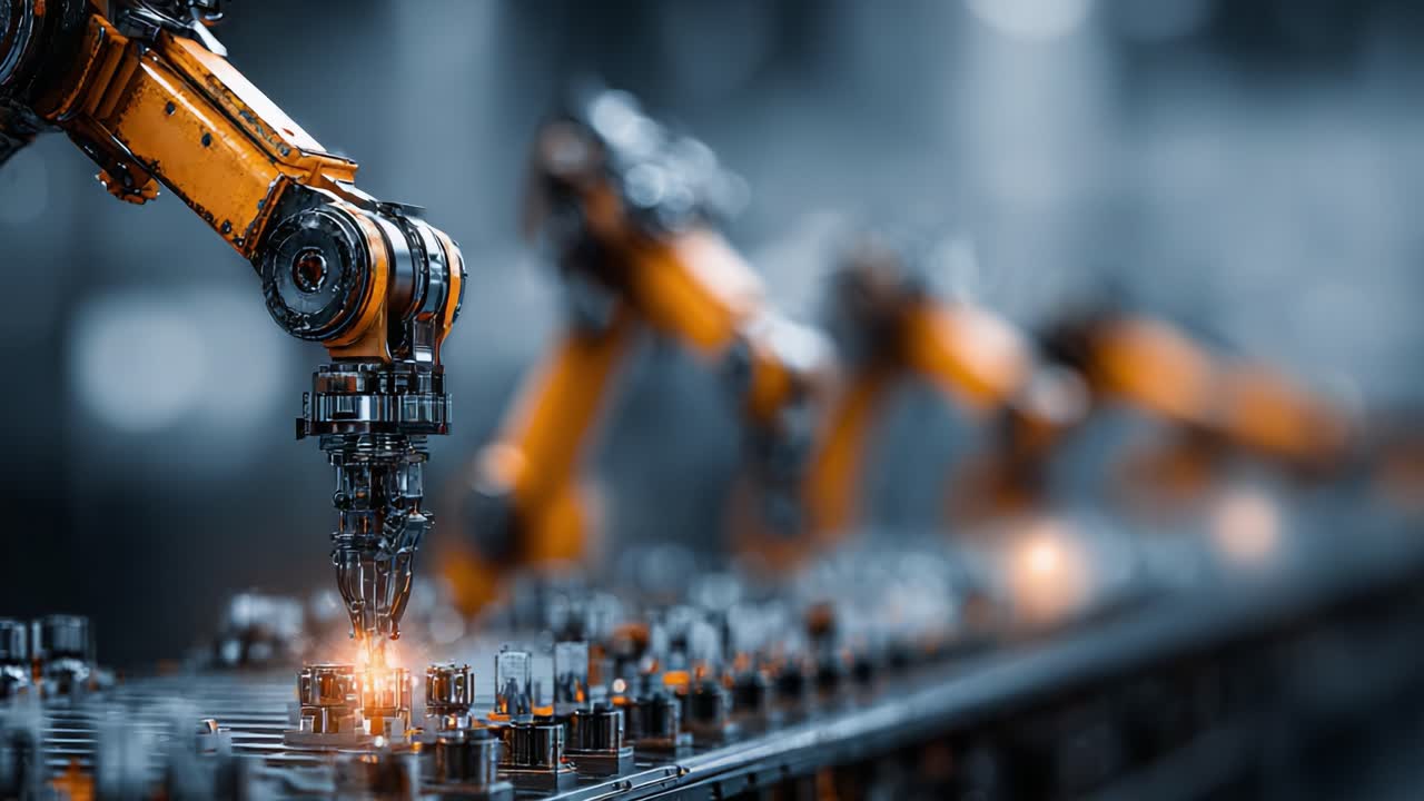 Advanced Robotic Arm Performing Precision Assembly in High-Tech Factory Setup, Showcasing Automation and Industrial Efficiency in Modern Manufacturing Processes