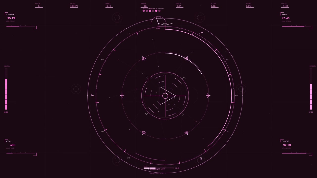 A detailed pink neon HUD interface features rotating circular gauges and complex telemetry readouts against a dark, atmospheric background. The animation displays various data points including synapse