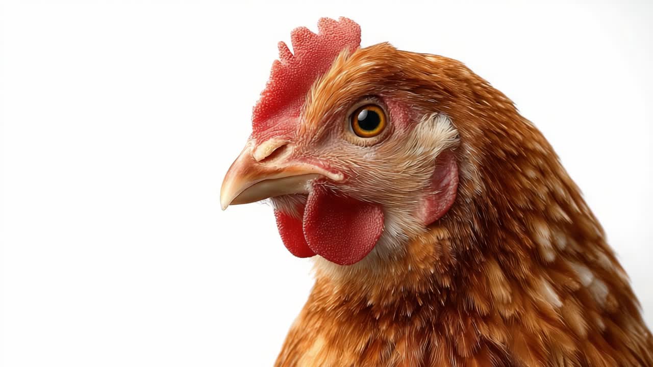 Primer plano detallado de un pollo de colores vibrantes con patrones de plumaje distintivos y ojos expresivos, mostrando la belleza de las aves de corral con una iluminación impresionante