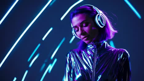 cyberpunk woman with glowing headphones in neon light