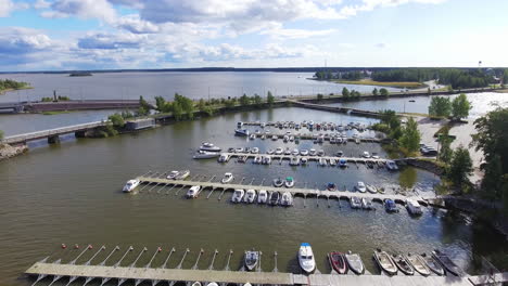 Aerial-View-Of-boats-docked-at-city-harbor-in-Northern-Europe---Vaasa,-Finland