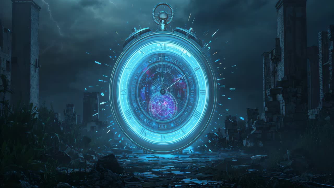 A futuristic clock in a ruined landscape