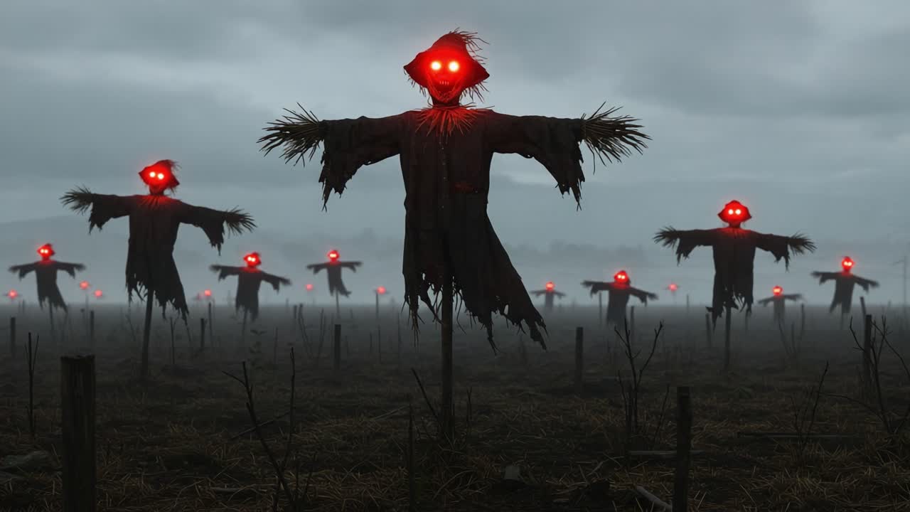 In a desolate landscape veiled by mist, a haunting assembly of scarecrows with glowing eyes stands sentry over the barren fields, invoking unease beneath the overcast sky