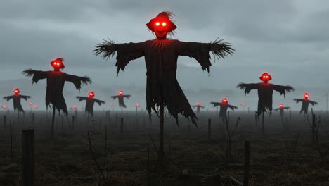 in a desolate landscape veiled by mist, a haunting assembly of scarecrows with glowing eyes stands sentry over the barren fields, invoking unease beneath the overcast sky
