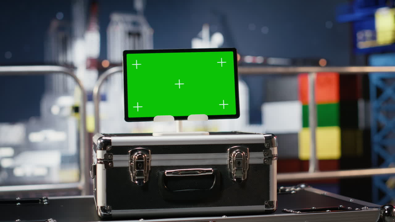 Chroma key display on empty offshore oil platform serves as testing site