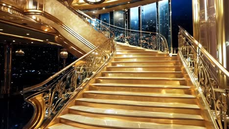 a set of stairs in a luxurious room with a dining table and chairs