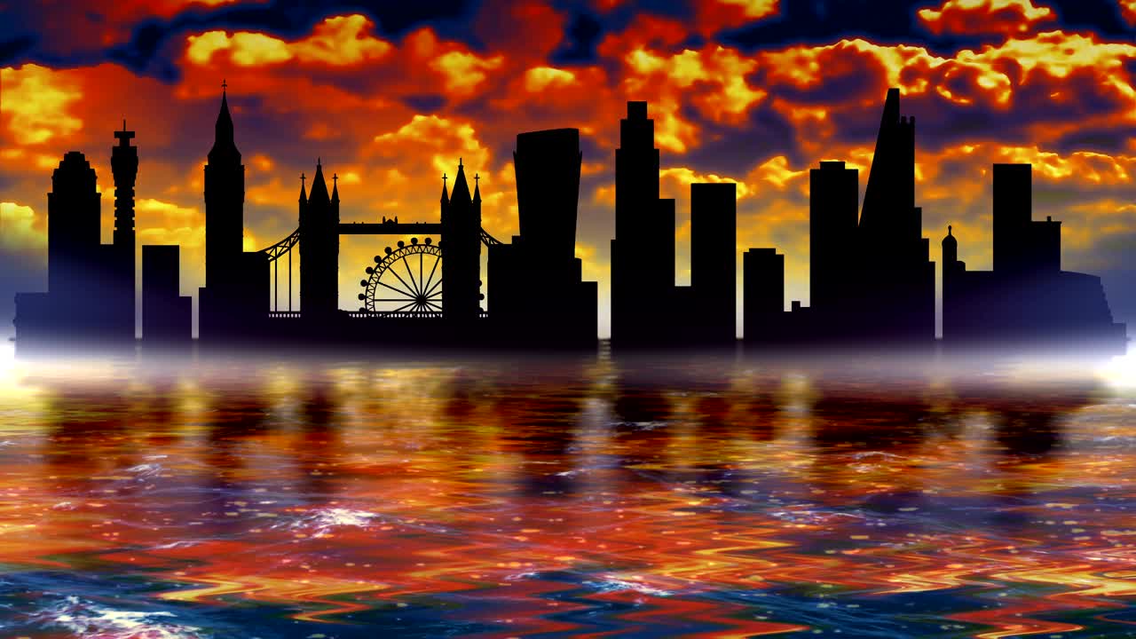 런던의 명소의 파노라마: 건물의 윤이 물에 반사됩니다.