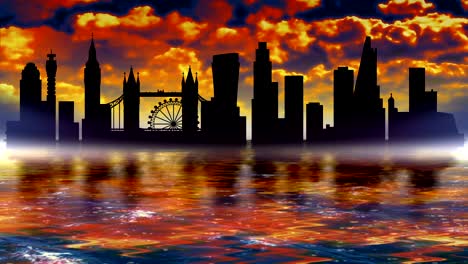 panorama of the sights of london. the outlines of buildings are reflected in the water.