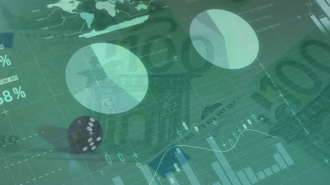 animación del procesamiento de datos financieros sobre dados y billetes en euros sobre fondo verde