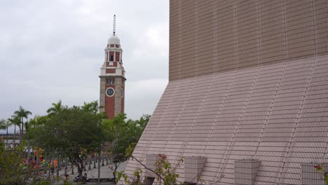 Hong-Kong-clock-tower,-old-red-brick-tower-establishing-view