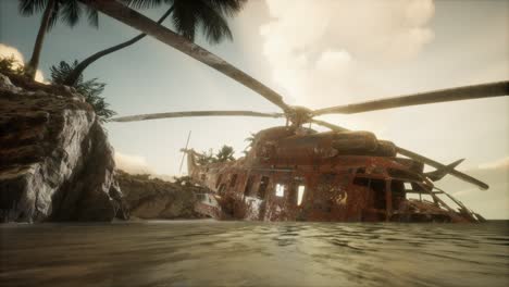 old rusted military helicopter near the island