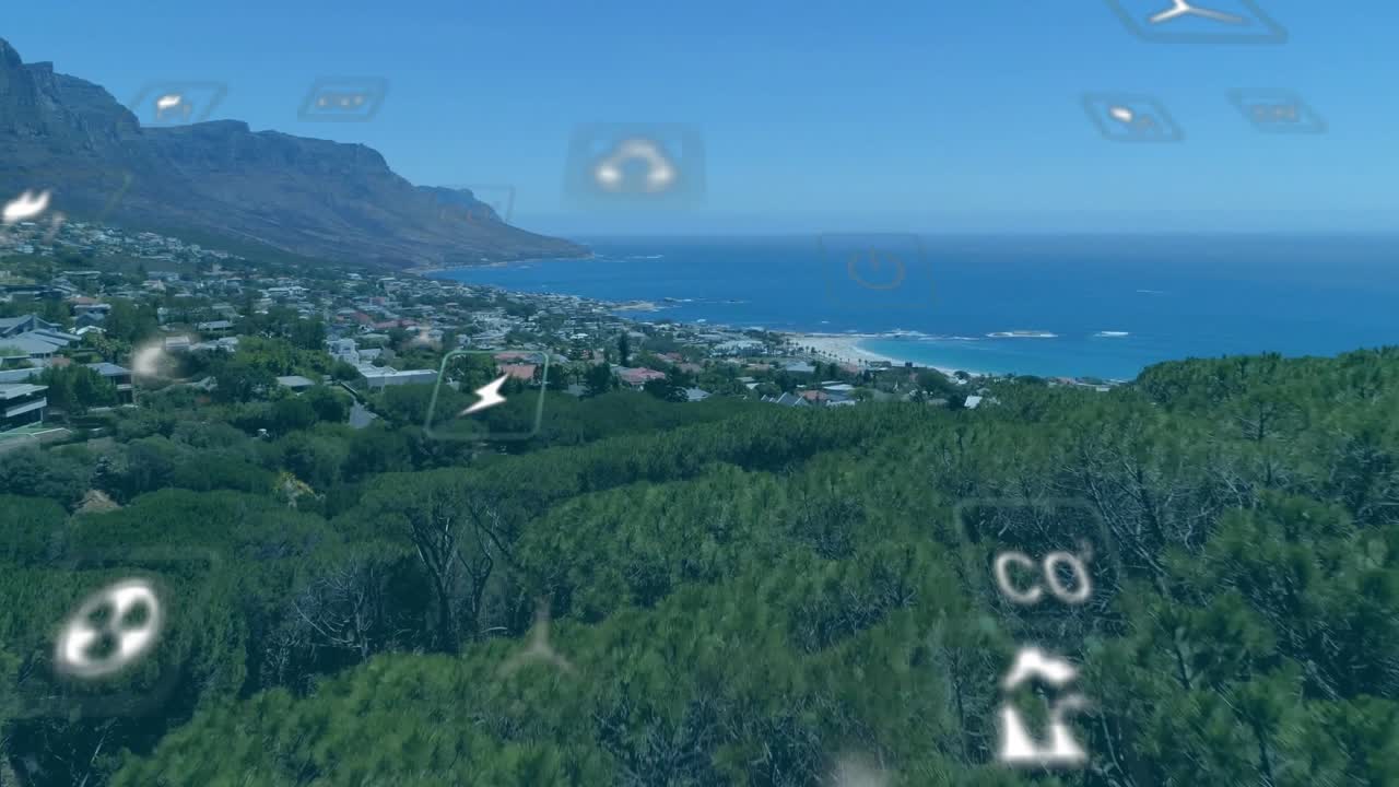 Drone che si muove in avanti e verso il basso sopra la costa, attivando icone che mostrano dati energetici: vento, CO.