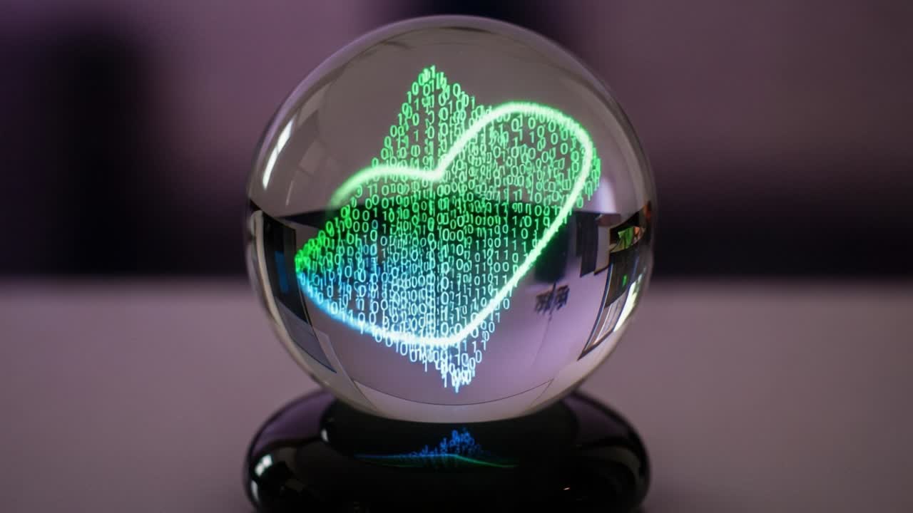 A Glowing Crystal Ball Projecting a Heart Shape Made of Binary Code, Symbolizing Connection Between Technology and Emotions in a Digital Era