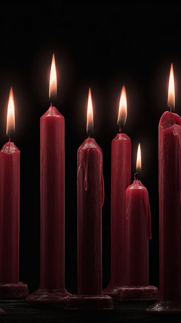 Una serena collezione di candele rosse che tremolano nel buio, proiettando una luce soffusa e creando un'atmosfera incantevole, perfetta per serate accoglienti o ambienti romantici.