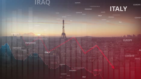 Covid-19-Que-Hace-Que-La-Economía-Y-Los-Precios-De-Las-Acciones-Disminuyan,-El-Mercado-De-Valores-Europeo-En-Modo-Oso,-Doble-Exposición,-Con-La-Torre-Eiffel-Y-La-Ciudad-De-París-En-El-Fondo---Animación-De-Renderizado-3d