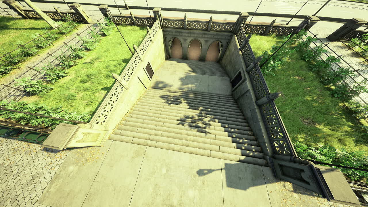 Vintage staircase leading to a subway entrance in an urban garden area