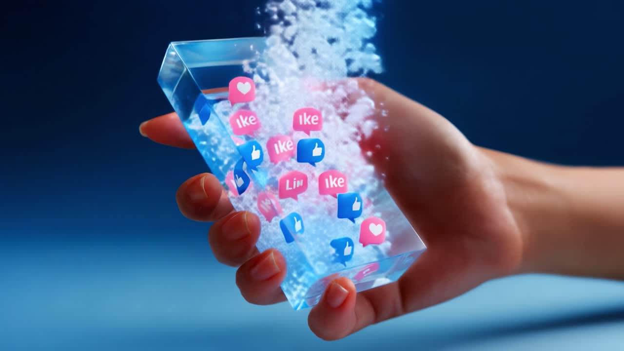 A hand holding a translucent block filled with vibrant social media icons surrounded by bubbles, illustrating the connection between digital interactions and emotional engagement