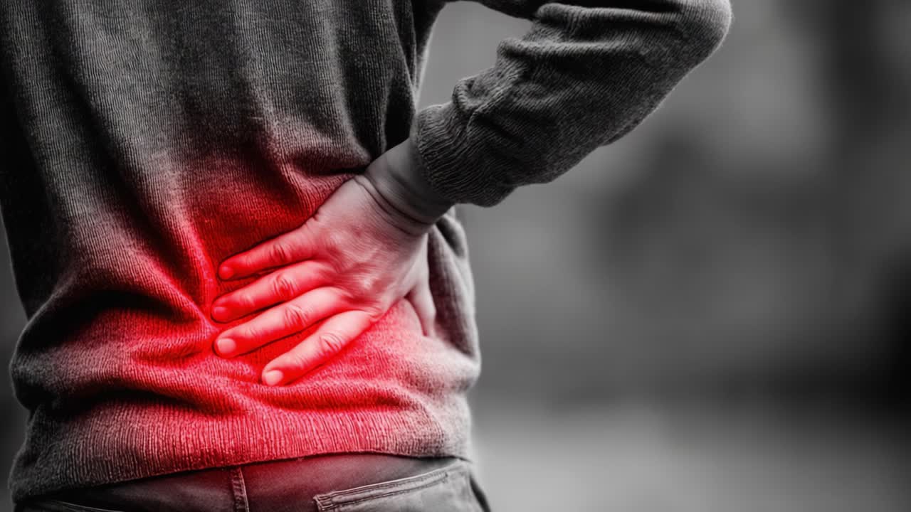 激しい腰痛を経験している人物。不快感を示す鮮やかな赤い部分が、脊椎の健康とウェルビーイングの重要性を強調している。