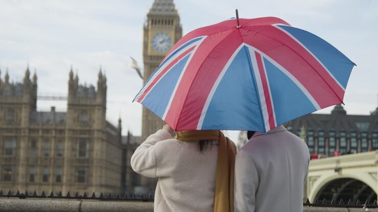 Couple On Holiday Taking Photo Of Houses Of Parliament In London UK Under Union Jack Umbrella