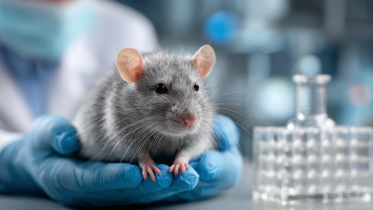 Un ricercatore di laboratorio specializzato esamina un topo da laboratorio grigio indossando guanti protettivi, evidenziando l'importanza dei modelli animali nella ricerca scientifica e nei test sui farmaci