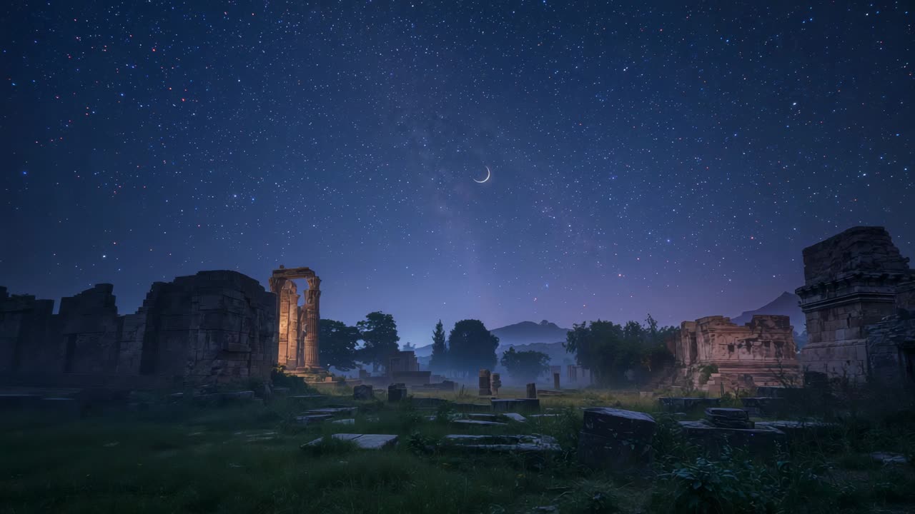 Disegno con zoom della fotocamera che si avvicina a un arco in pietra illuminato in un campo di rovine, rivelando lastre di pietra e nebbia