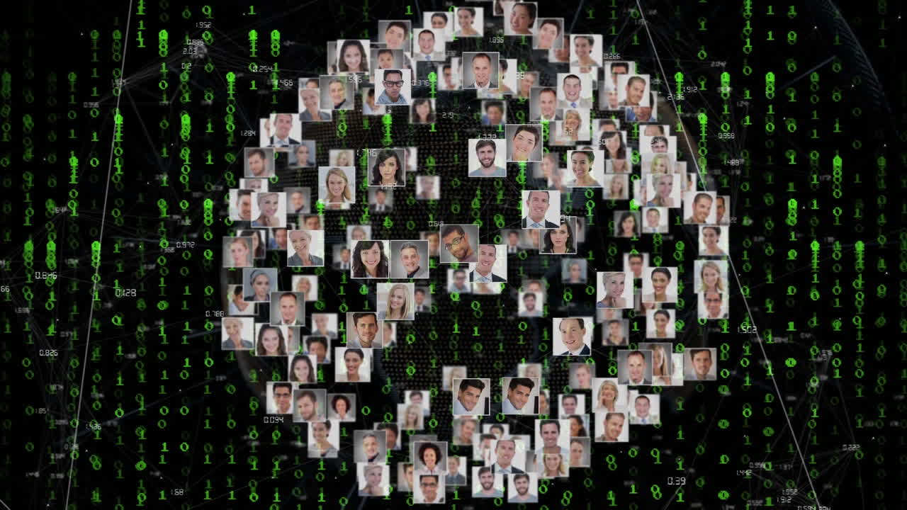 animación de procesamiento de datos y diversos iconos de personas de negocios en fondo negro.