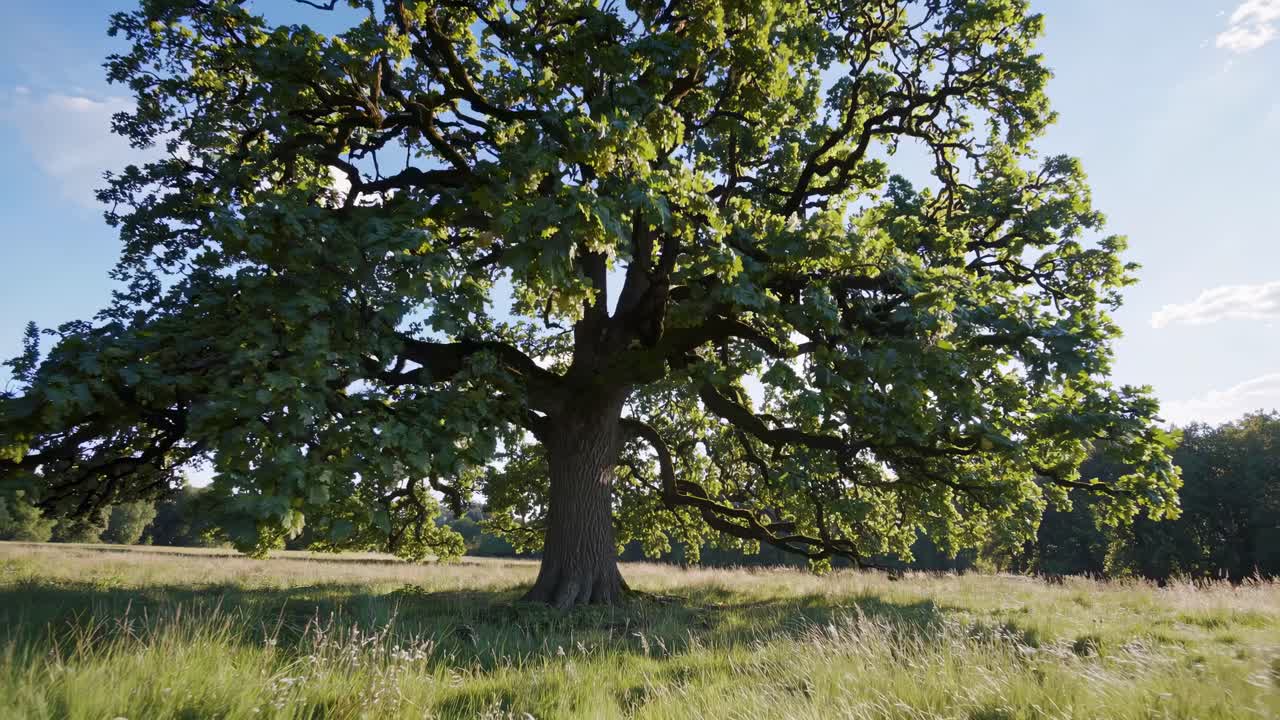 A majestic oak tree captured from a low-angle, showcasing its sprawling branches and lush foliage