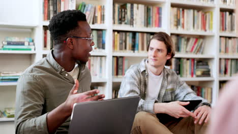 library, study laptop and student group