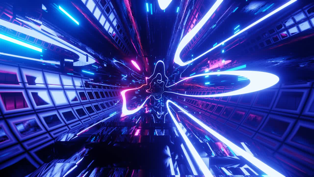 túnel de ciencia ficción de neón de alta tecnología. líneas de brillo de neón a la moda forman patrones y construcción en túnel de espejo. hermoso túnel de neón. volar a través del ciberespacio tecnológico. 3d en bucle sin costuras 4k juventud brillante bg