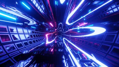 hi-tech-neon-sci-fi-tunnel. trendige neon-glow-linien bilden muster und konstruktionen in spiegel-tunneln. wunderschöner neon-tonnel. fliegen sie durch den technologischen cyberspace. 3d-schleife nahtlos 4k helle jugend bg