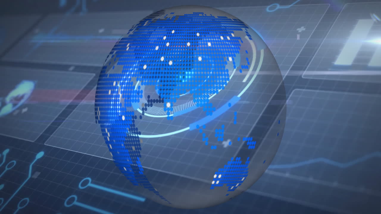 Rotating digital globe with data processing animation over grid background