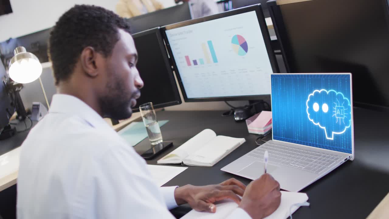 Composition of african american businessman using laptop with ai chat on screen