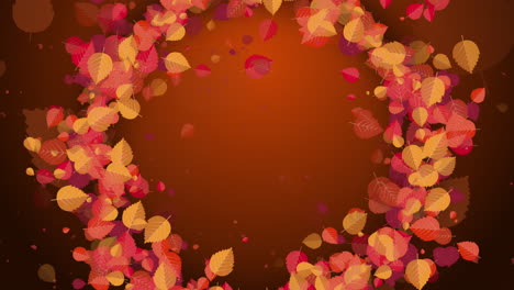 autumn round frame. wreath made of yellow and red fallen tree leaves. dark background. copy space. looped motion graphics.