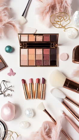 luxury makeup products and brushes flat lay
