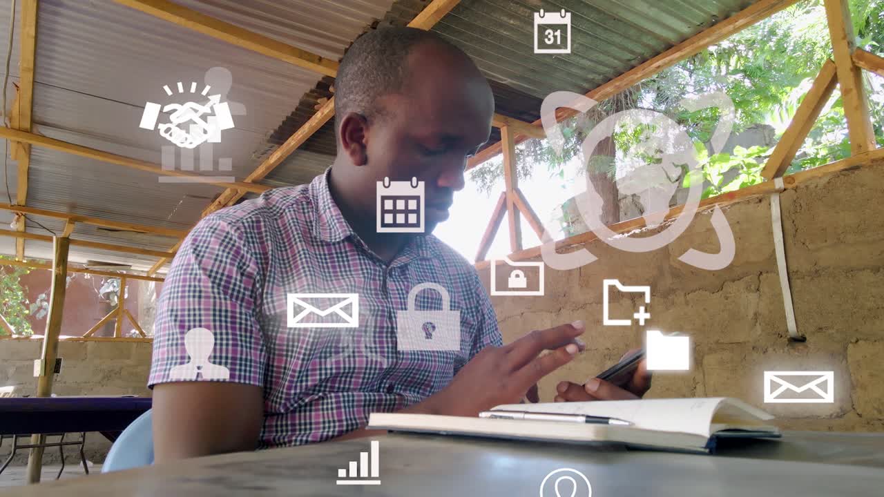 diseño gráfico futurista de un hombre que usa el teléfono