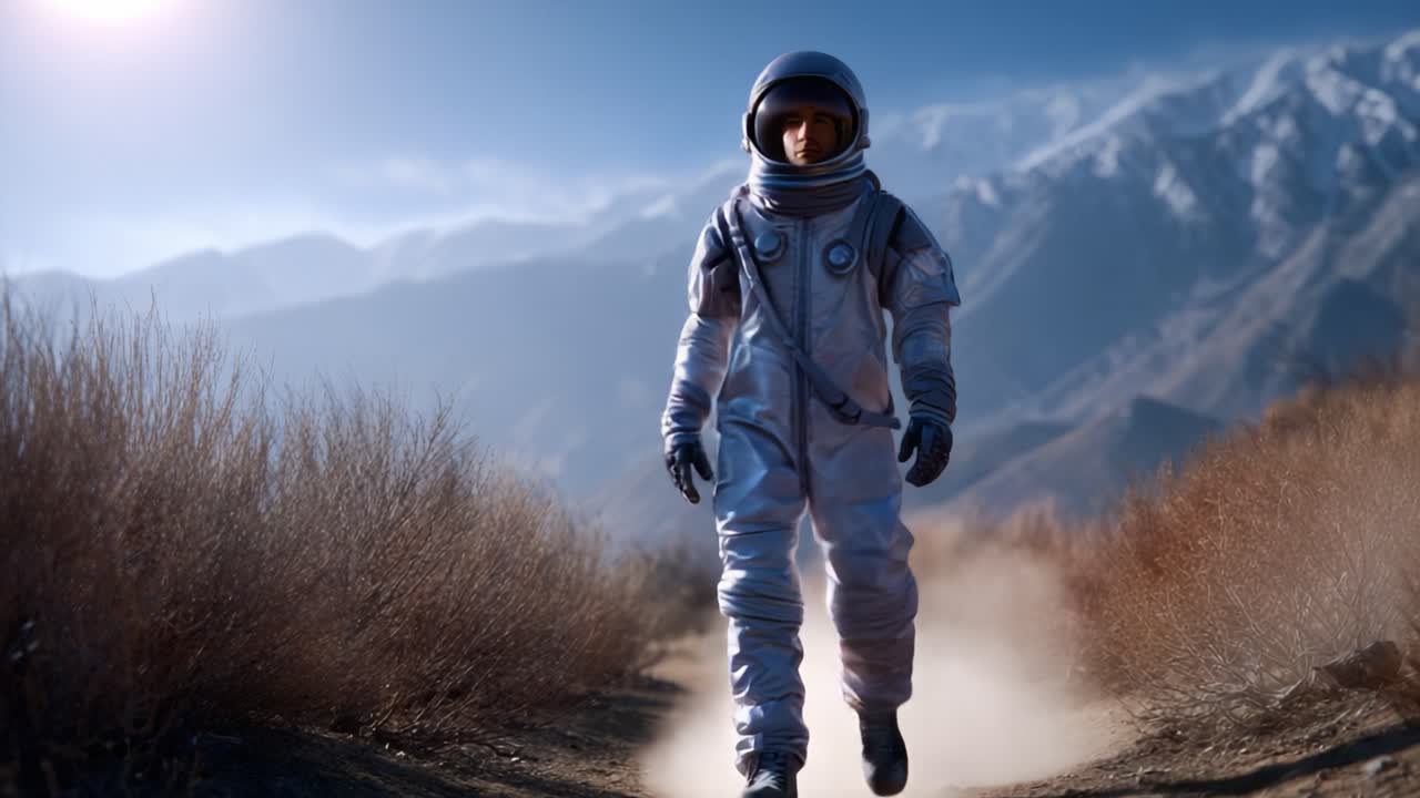 Seorang astronot sendirian melintasi jalur berdebu di antara pegunungan terjal, menampilkan keindahan penjelajahan antariksa dengan latar belakang puncak-puncak alam yang megah.