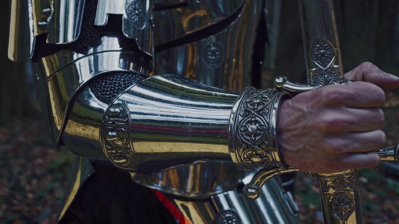 primer plano de la armadura y la espada medieval