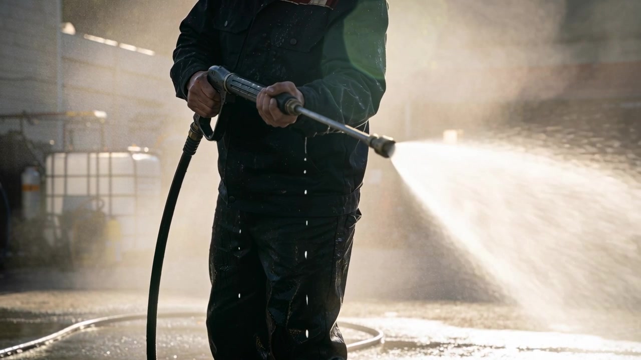Premendo la pistola, un operatore usa un'idropulitrice in una baia coperta, indossando abbigliamento da lavoro impermeabile, per pulire il pavimento.