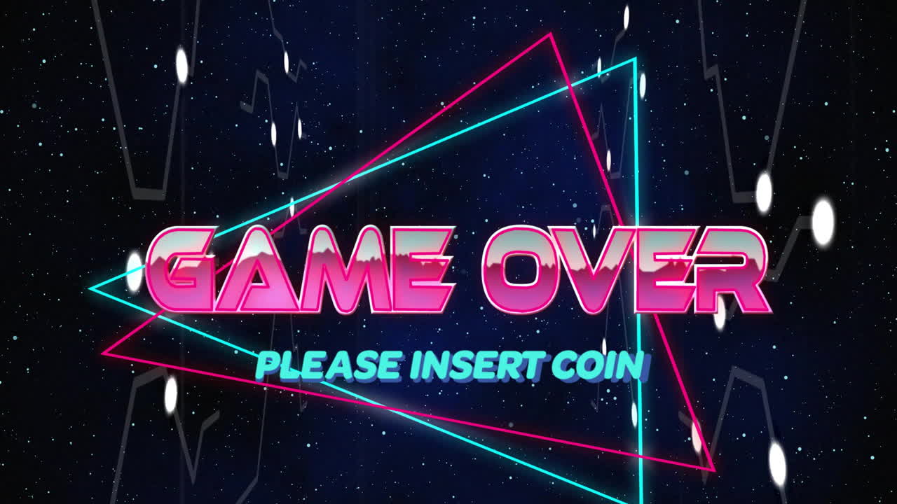 Animation of retro neon Game Over text with Please Insert Coin in starry background