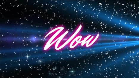 animation of pink wow text over light spots and trails on black background