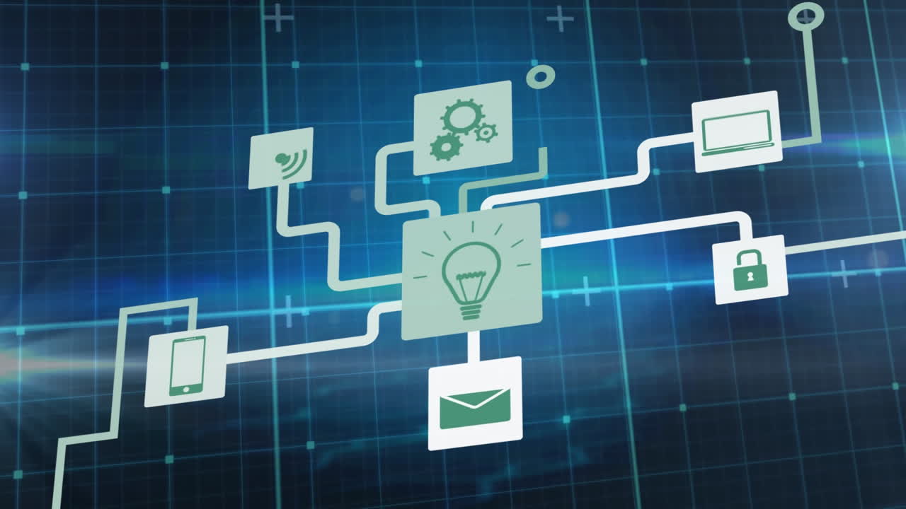Animation of network of digital icons over grid network against blue background