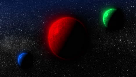 Animación-De-Planetas-Rojos,-Verdes-Y-Azules-En-El-Espacio-Negro