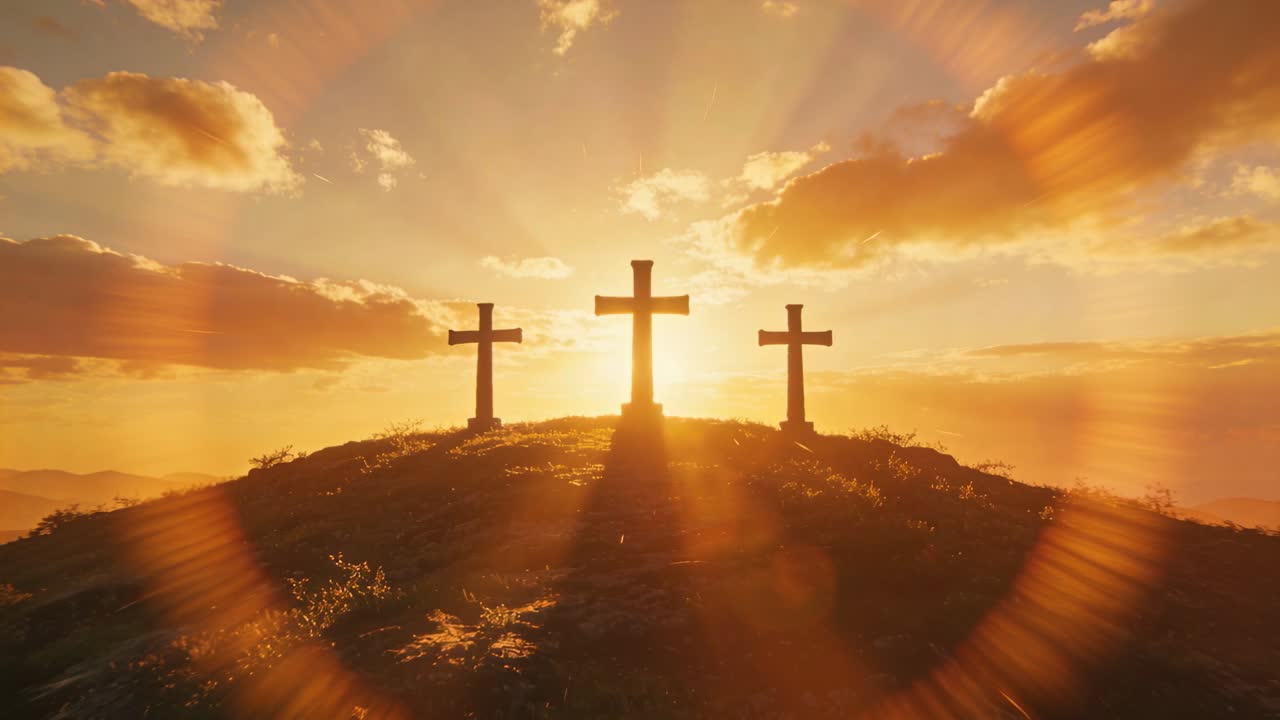 Il sole che tramonta dietro tre croci di legno intensifica i raggi sulla cima della collina, creando un bagliore dell'obiettivo.