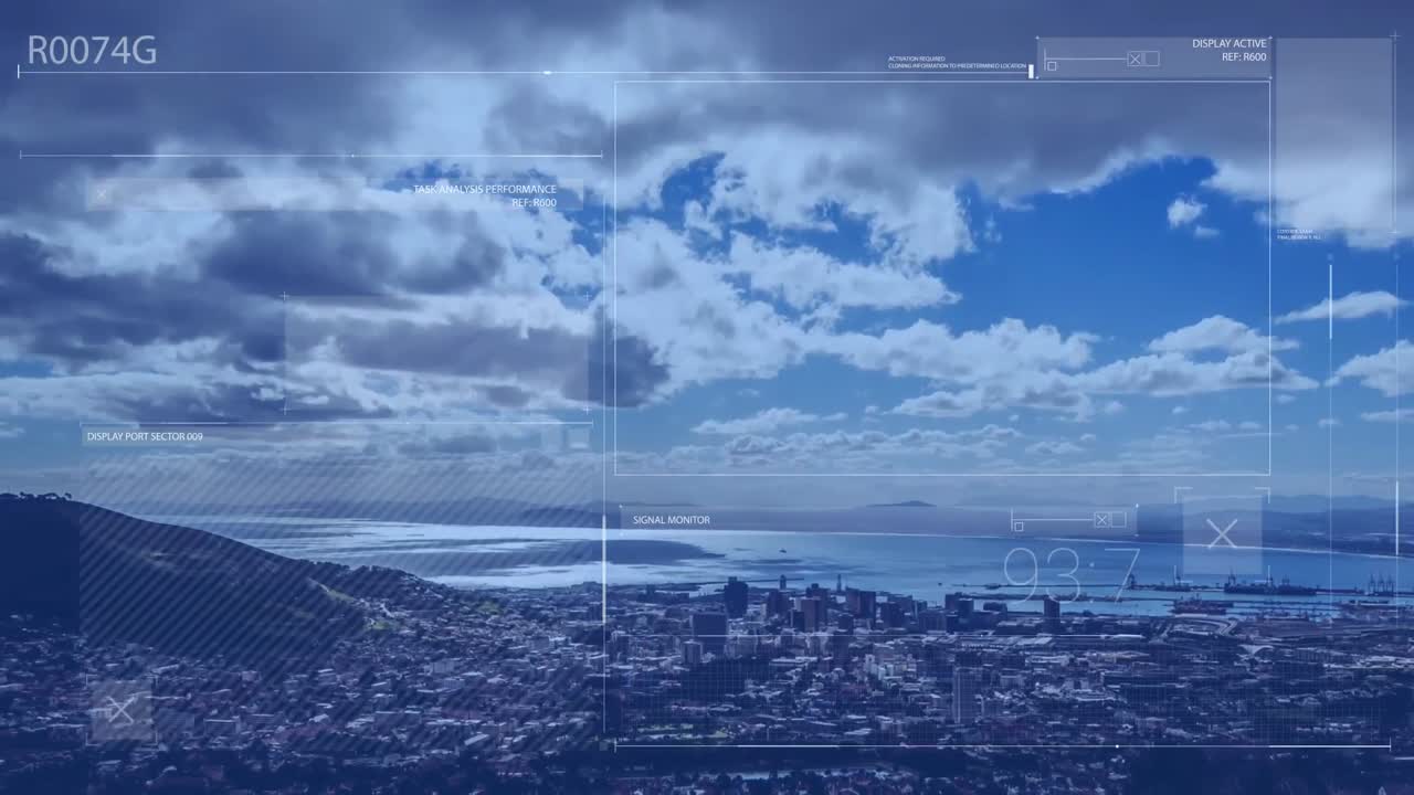 도시 풍경 위의 데이터 처리 애니메이션