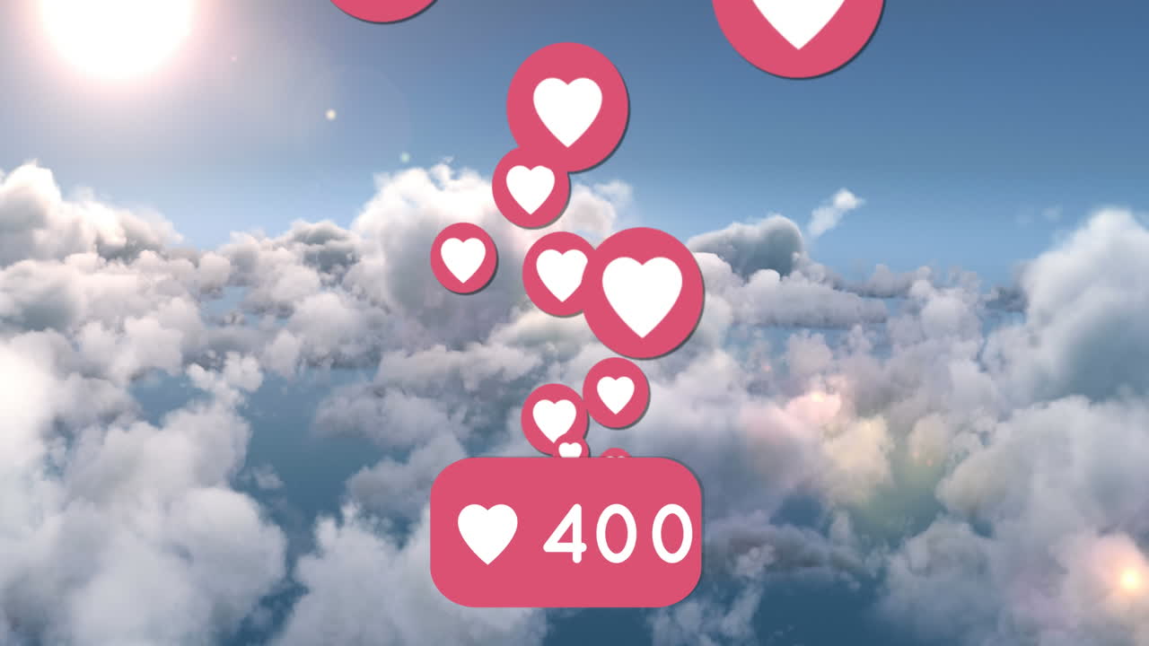 Increasing hearts count floating in the sky 4k