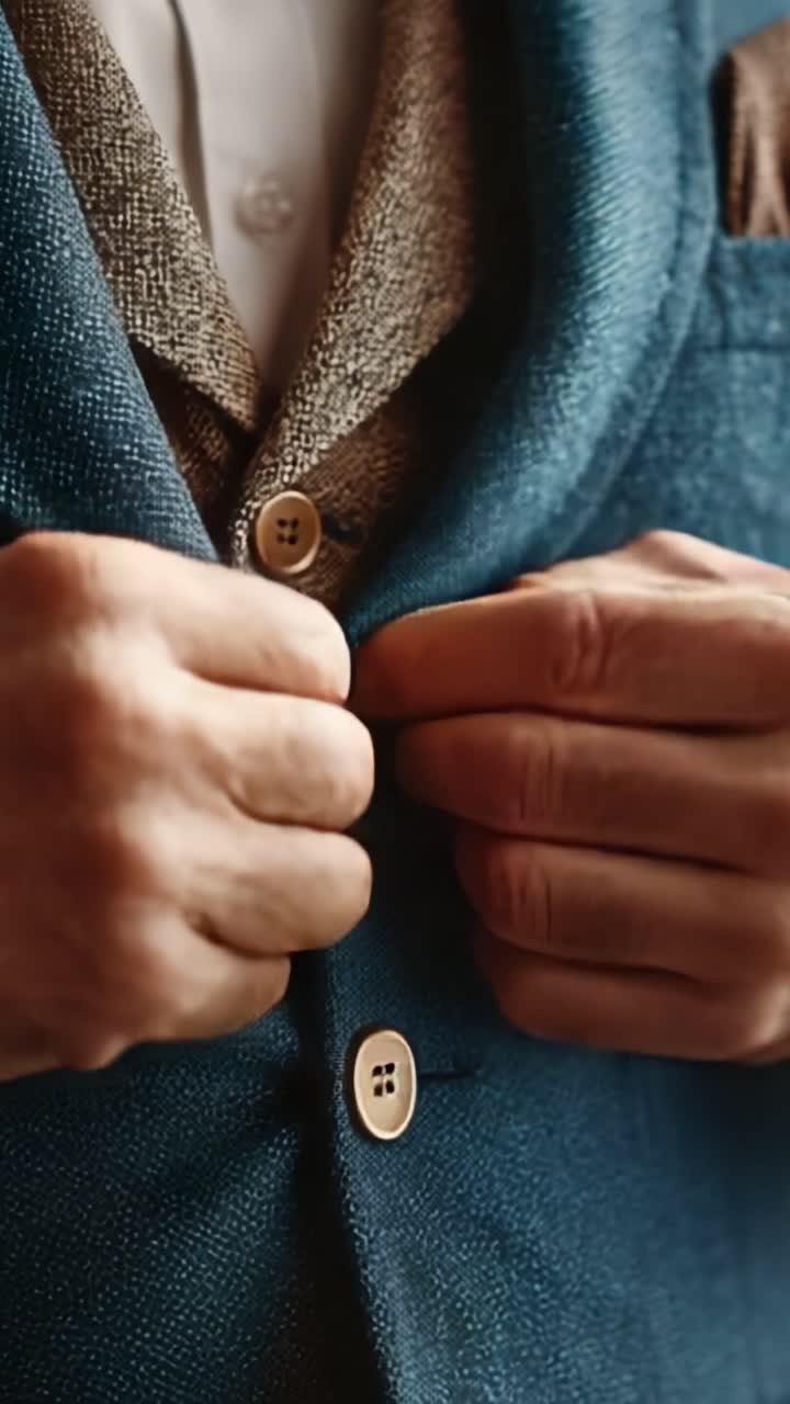 Elegant Suit Details: Close-up of a Well-Dressed Individual's Hands Buttoning a Stylish Blue Jacket Over a Classic Brown Vest