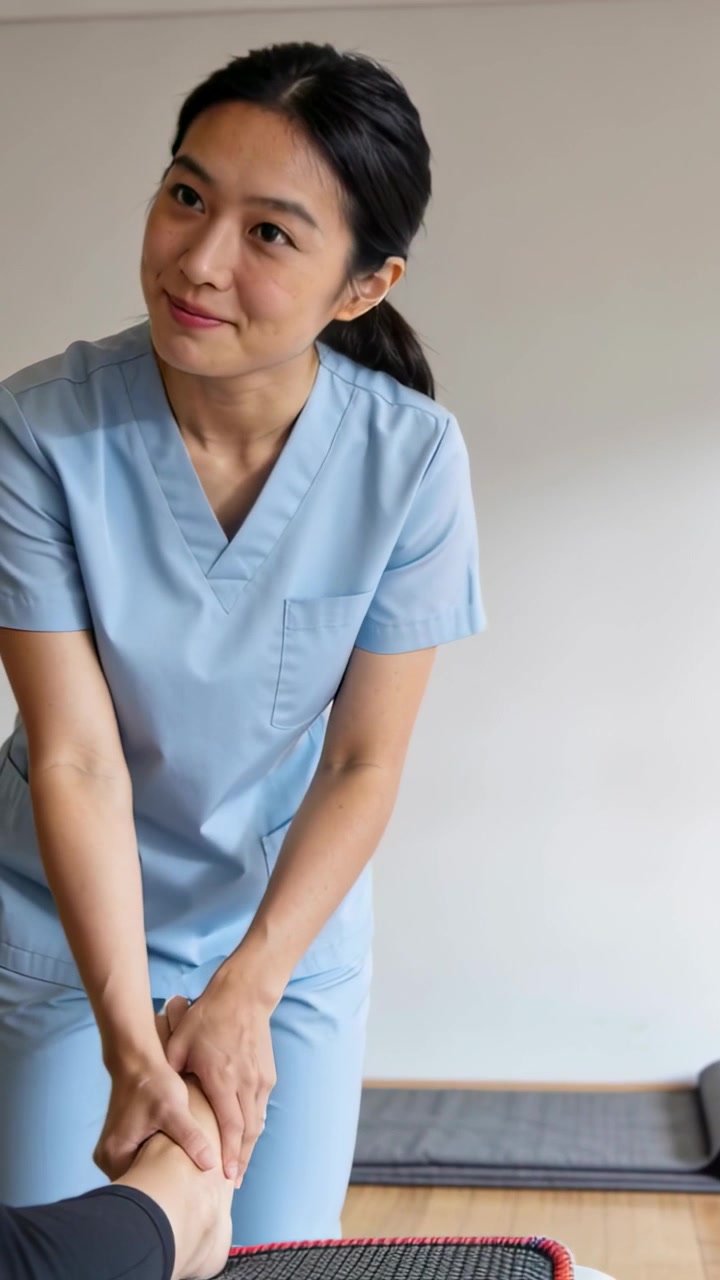 Video vertical: Pie de paciente extendiéndose hacia un clínico con uniforme médico, rotando el tobillo para rehabilitación