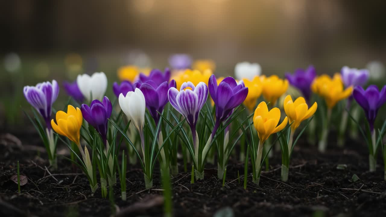 Tampilan Semarak Bunga Crocus yang Bermekaran, Menampilkan Deretan Warna yang Memukau Mulai dari Putih Lembut dan Ungu hingga Kuning Cerah, Diterangi oleh Matahari Terbit yang Lembut