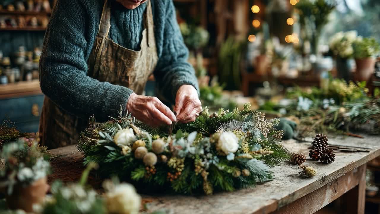 A Passionate Artisan Crafts a Beautiful Holiday Wreath with Natural Elements, Showcasing the Beauty of Nature in Festive Decor